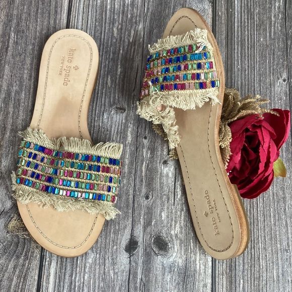 KATE SPADE Solaina Natural Multi-Color Rhinestone Sandals 8.5M - Picture 3 of 10